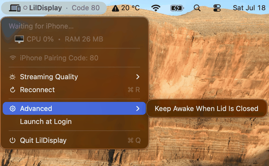 Advanced menu: Keep Awake When Lid Is Closed