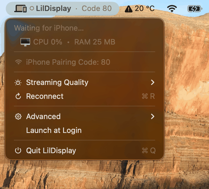 LilDisplay menu bar with pairing code and options